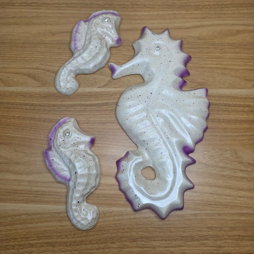 Vintage 3 Seahorse MCM Chalkware Wall Decorations Cream and Purple Beach House‎